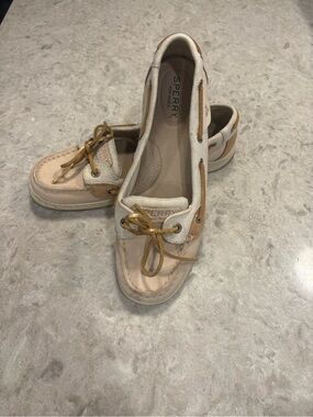 Sperry Women's Cream Canvas and Tan Leather Slip-On Boat Loafers
